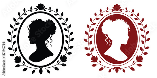 Silhouette And White Profile Cameo Portraits In Decorative Frames woman