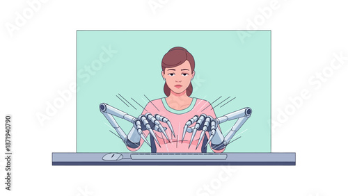 Woman with robotic arms on screen.