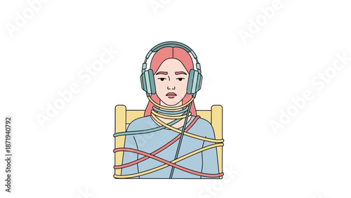 Woman Wearing Headphones Wrapped in Twine.