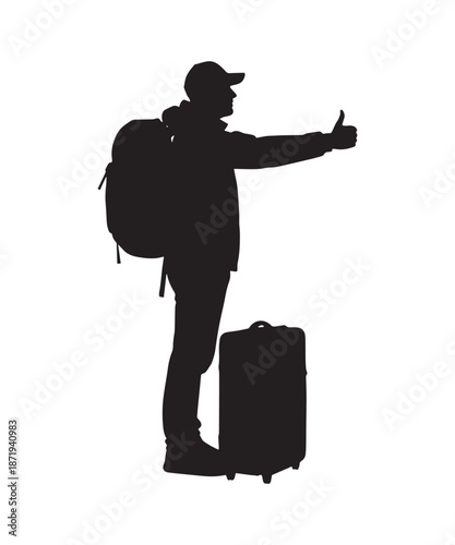 Silhouette of a male traveler with backpack and suitcase, hitchhiking with thumb up.