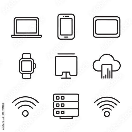 Minimalist Digital Technology and Network Connection Icons