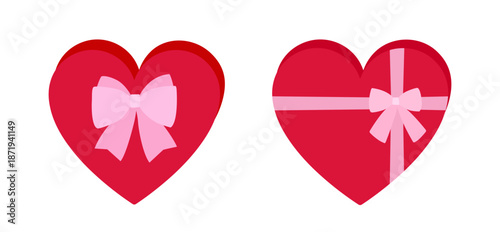 Heart-shaped gift box with a red bow flat vector illustration.
For celebrating Valentine's Day, wedding  Mother's Day, or birthday.
White background.