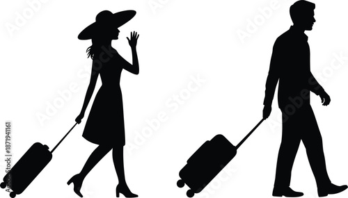 Silhouette of a woman in a hat and a man walking with luggage on white background couple travel