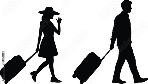 Silhouette of a woman in a hat and a man walking with luggage on white background couple travel