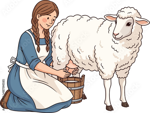 Illustration of a girl milking a sheep, wearing traditional clothing with braided hair, isolated on white background