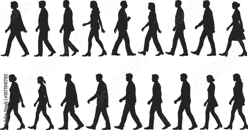Silhouettes of men and women walking in two rows on white background people movement