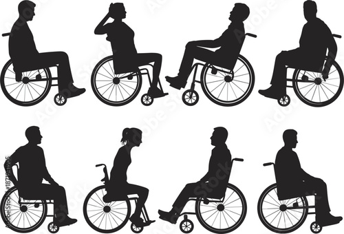 Silhouettes of people in wheelchairs in various poses on white background disability accessibility