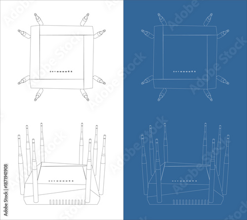 Orthographic Top and Front Views Gaming Wi-Fi Router Technical Drawing Blueprint