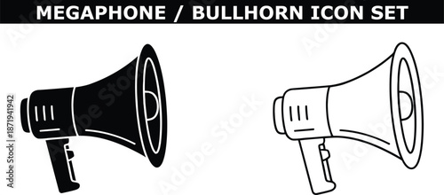 A set of megaphone and bullhorn icons in black and white line art