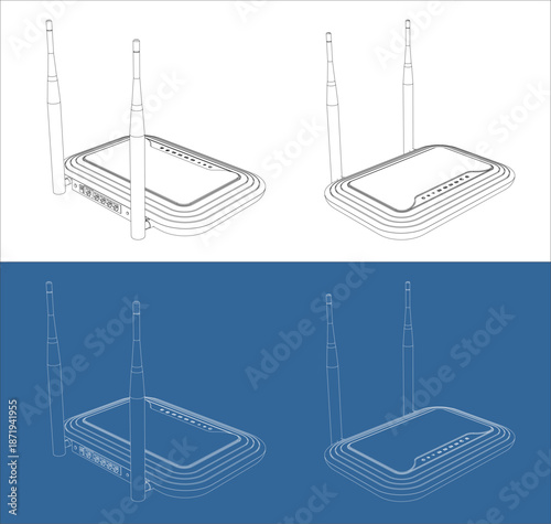Isometric Perspective Wi-Fi Router Technical Drawing Blueprint Wireframe Design Illustration