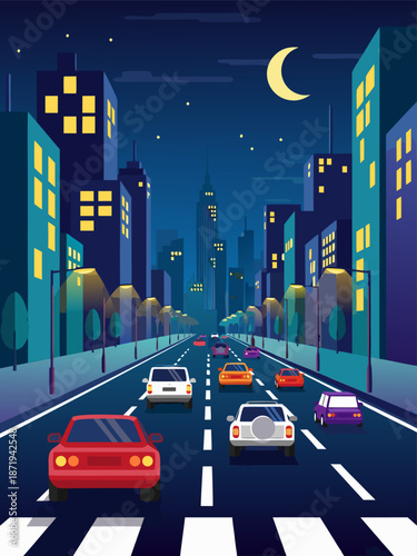 Nighttime Cityscape Traffic Vector Illustration with Busy Road and Buildings