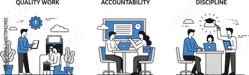 Work ethics and corporate values illustration showing quality work accountability and discipline teamwork vector design