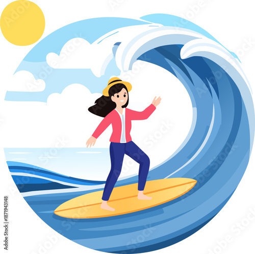 Energetic young woman happily surfing on a large ocean wave under a bright sunny sky.