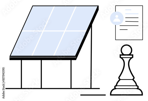 Renewable energy, strategy planning, online identity, user profiles, documents, sustainability. Solar panel, chess figure user profile document icon. Renewable energy and strategy concepts