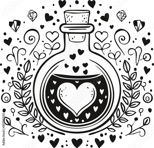 Love potion bottle with a big heart and ornate decorative elements in a black and white illustration, isolated white background