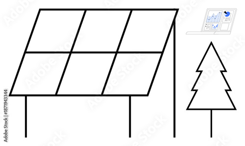 Renewable energy, sustainability, green technology, environmental solutions, energy monitoring, eco-friendly living. Solar panel setup with a tree and analytics display. Renewable energy and green