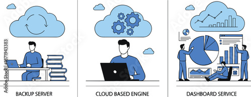 Cloud computing services illustration showing backup server cloud engine and analytics dashboard workflow vector design