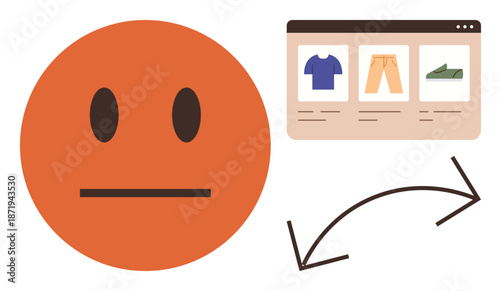 Consumer behavior, online shopping, user feedback, digital interactions, retail analytics, e-commerce usability. Neutral face emotion beside an online store page and arrows. Consumer behavior