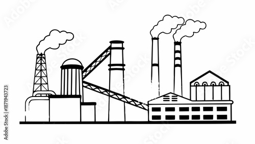 Industrial facility with smokestacks and buildings in operation from a distant viewpoint