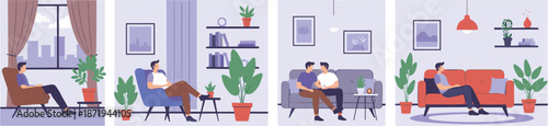 Modern living room lifestyle scenes set with people relaxing at home interior vector illustration