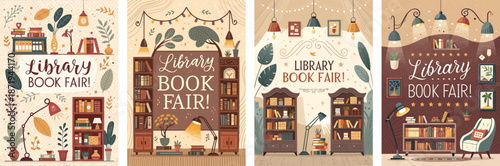Cozy library book fair poster designs featuring bookshelves plants and warm ambiance