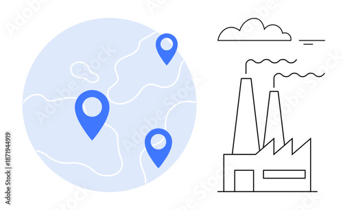 Environmental impact concept. Environmental impact ed by industrial factory and pollution. Environmental impact linked to location markers showing global reach. For industry, pollution control