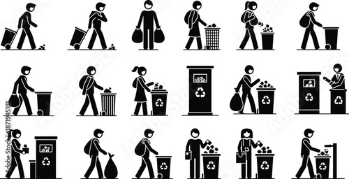 Black and white pictograms of people recycling, waste disposal, trash bins, environmental responsibility icons for sustainability, cleanliness, and design use