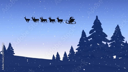 Animation of silhouette santa riding sleigh over silhouette trees against clear sky during snowing