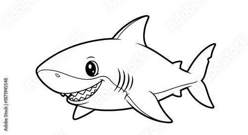 Cartoon shark smiling with sharp teeth, concept of marine animal, ocean life, or children's coloring page. This illustration is suitable for educational materials or playful designs.