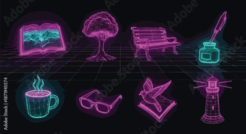 Digital art collection of glowing neon icons representing knowledge, nature, relaxation, and creativity on a dark grid background.