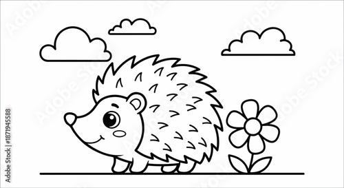 Cute cartoon hedgehog coloring page with friendly forest animal. Outline drawing shows happy hedgehog walking past simple flower and fluffy clouds.
