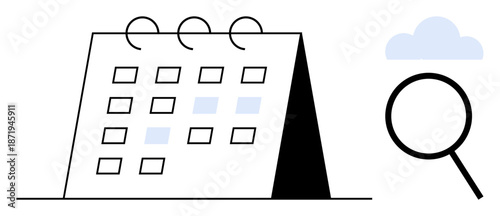 Desk calendar with highlighted dates and magnifying glass. Ideal for planning, scheduling, organizing, analysis, time management, event tracking, and research. Simple flat metaphor