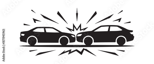 Silhouette of head-on car collision, automotive accident with impact sparks, vehicle crash icon