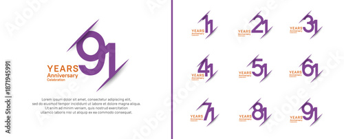 set of anniversary logo style with slash. vector design purple and orange color for celebration
