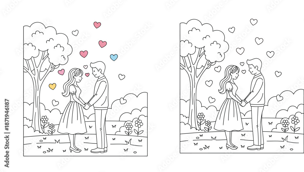 Obraz premium Romantic couple holding hands with hearts in park vector illustration line art style for coloring book page, Valentine day and wedding card design concept