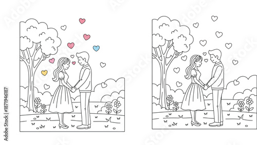 Romantic couple holding hands with hearts in park vector illustration line art style for coloring book page, Valentine day and wedding card design concept