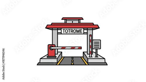 Cartoon Style Toll Gate Booth with Barrier Arm on Isolated White Background