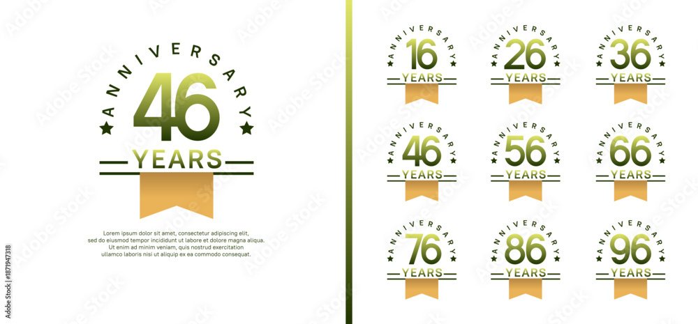 Fototapeta premium set of anniversary logo style with yellow ribbon. vector design green color for celebration