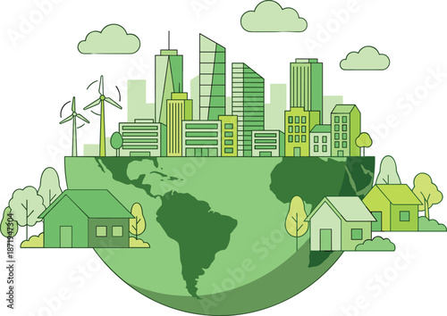 Green sustainable city on earth globe with eco buildings wind turbines clean energy and environmentally friendly urban living illustration
