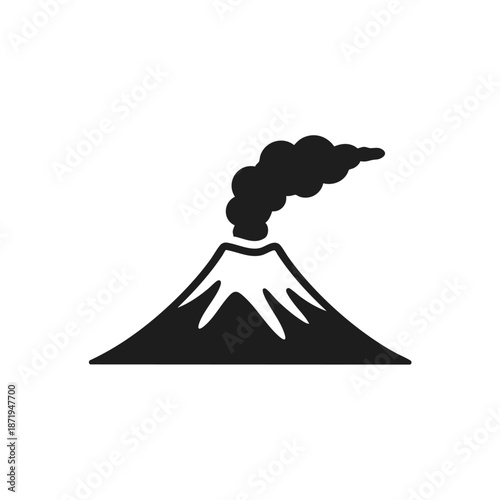 Stylized black silhouette of a volcano erupting with smoke on a white background, ideal for educational materials, posters, and creative projects related to natural phenomenon.