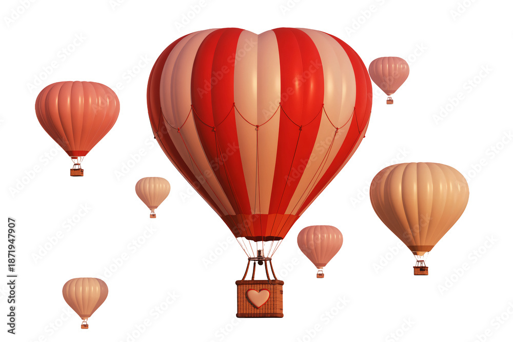 Obraz premium Heart-Shaped Hot Air Balloon with Red and Beige Stripes in Whimsical Fantasy Scene with Soft Lighting on White Background for Valentines Day