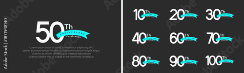 set of anniversary logo style blue ribbon. vector design white color for celebration