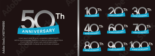 set of anniversary logo style blue ribbon. vector design silver color for celebration