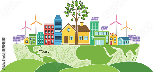 Sustainable eco city illustration with green homes renewable energy solar panels wind turbines trees and environmental friendly community concept