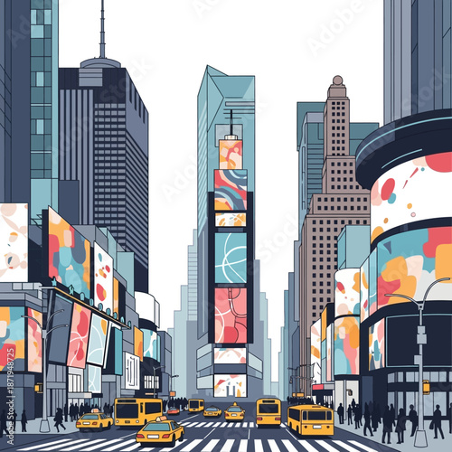 Vibrant Times Square illustration with yellow cabs and pedestrians, digital art