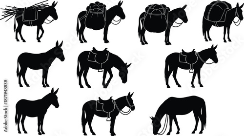 Silhouettes of donkeys carrying loads, saddled or grazing, symbolizing rural farming, traditional transportation, and agricultural lifestyle scenes