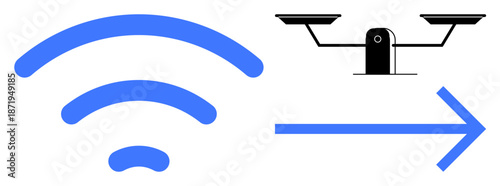 Wireless communication, quadcopter technology, connectivity solutions, IoT, navigation systems, data transfer. Blue wireless icon, black Quadcopter and forward arrow. Wireless communication