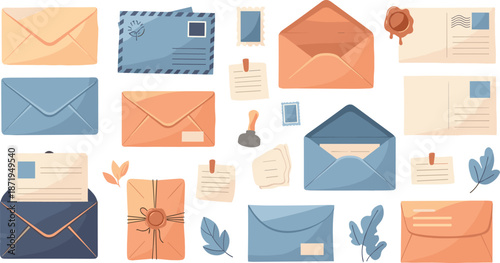 Colorful illustrated envelopes, postcards, stamps, and notes for communication, mailing, stationery, and vintage correspondence visuals