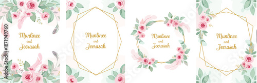 Elegant floral wedding invitation card set with rose flowers decorative frame romantic vector illustration