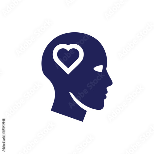 A silhouette of a human head with a heart symbol inside representing the concept of mental health and emotional well-being in a modern graphic style designed for insightful visuals.